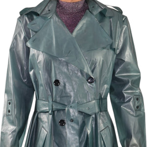 Dorothee Schumacher Techno Transparency Trench Coat Green Teal Vinyl Raincoat Belted Transparent XL