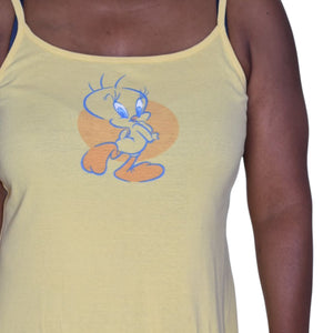 Warner Bros Y2K Tweety Dress Yellow Cotton Jersey Knit Side Slits Retro Mini Tank Graphic 2000s XS