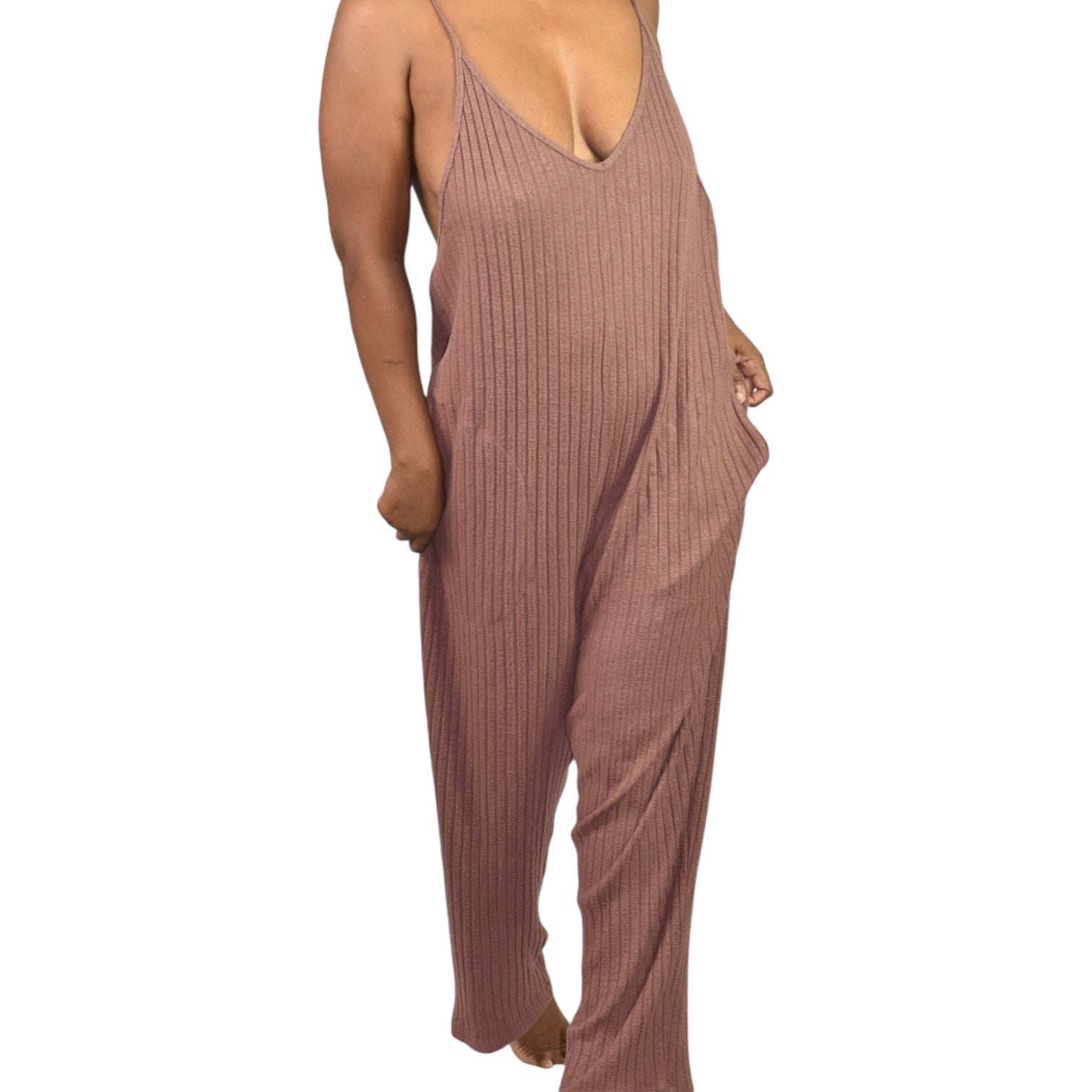 American Eagle Ribbed Knit Jumpsuit Brown Lounge Drop Crotch Racerback. Relaxed Size Medium