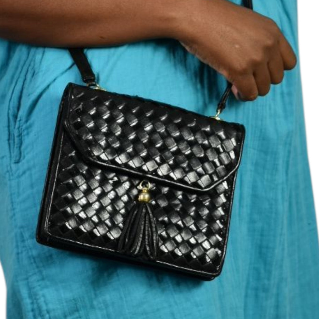 Vintage Talbots Woven Tassel Bag Black Leather Crossbody Mini Box Square Snap Flap Envelope