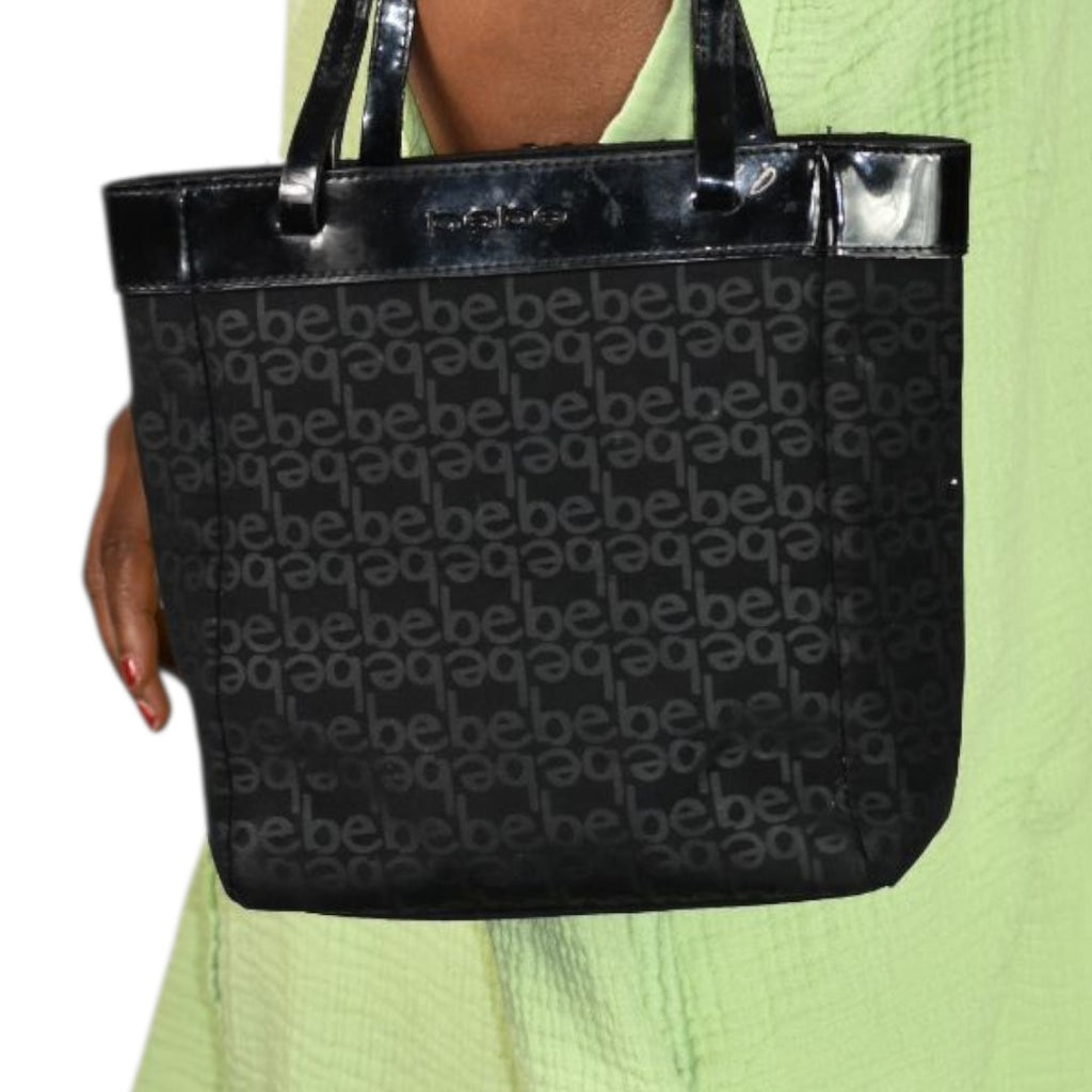 Vintage Bebe Mini Tote Bag Black Logo Patent Leather Straps Shopper Handbag Y2K Purse