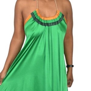 Love Binetti Halter Dress Green Silk Satin Maxi Sundress Draped Tent Oversized Lounge Patio Flowy Size Medium