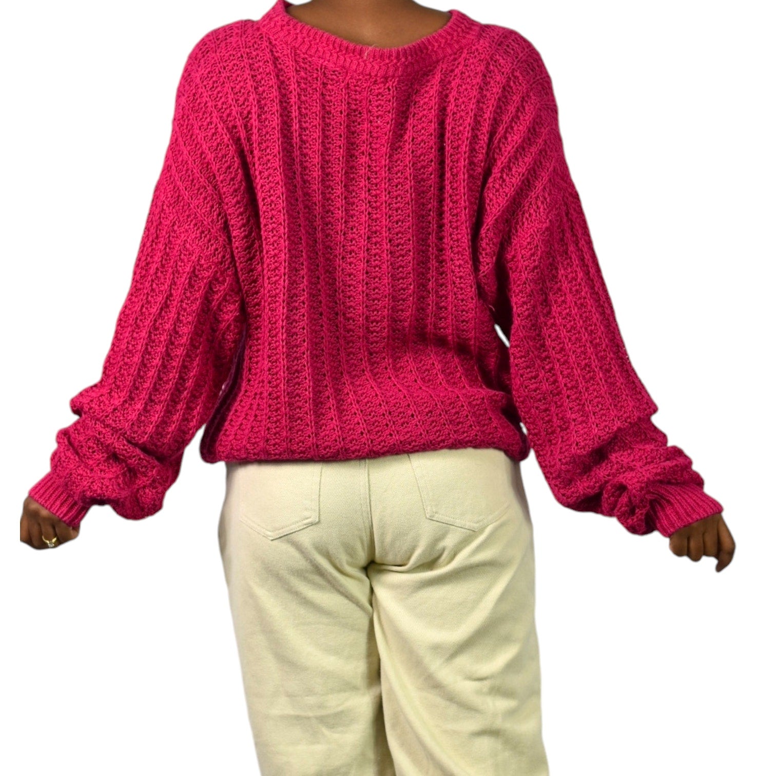 Vintage Cacharel Chunky Sweater Pink Raspberry Pullover Slouchy Cable Knit Crew Size XL