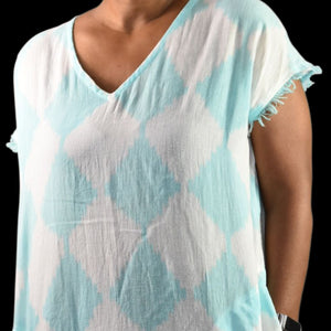 Lula Soul Cotton Caftan Blue Diamond Print Fringe Lightweight Dress Maxi Slits Cover Up Tunic XS