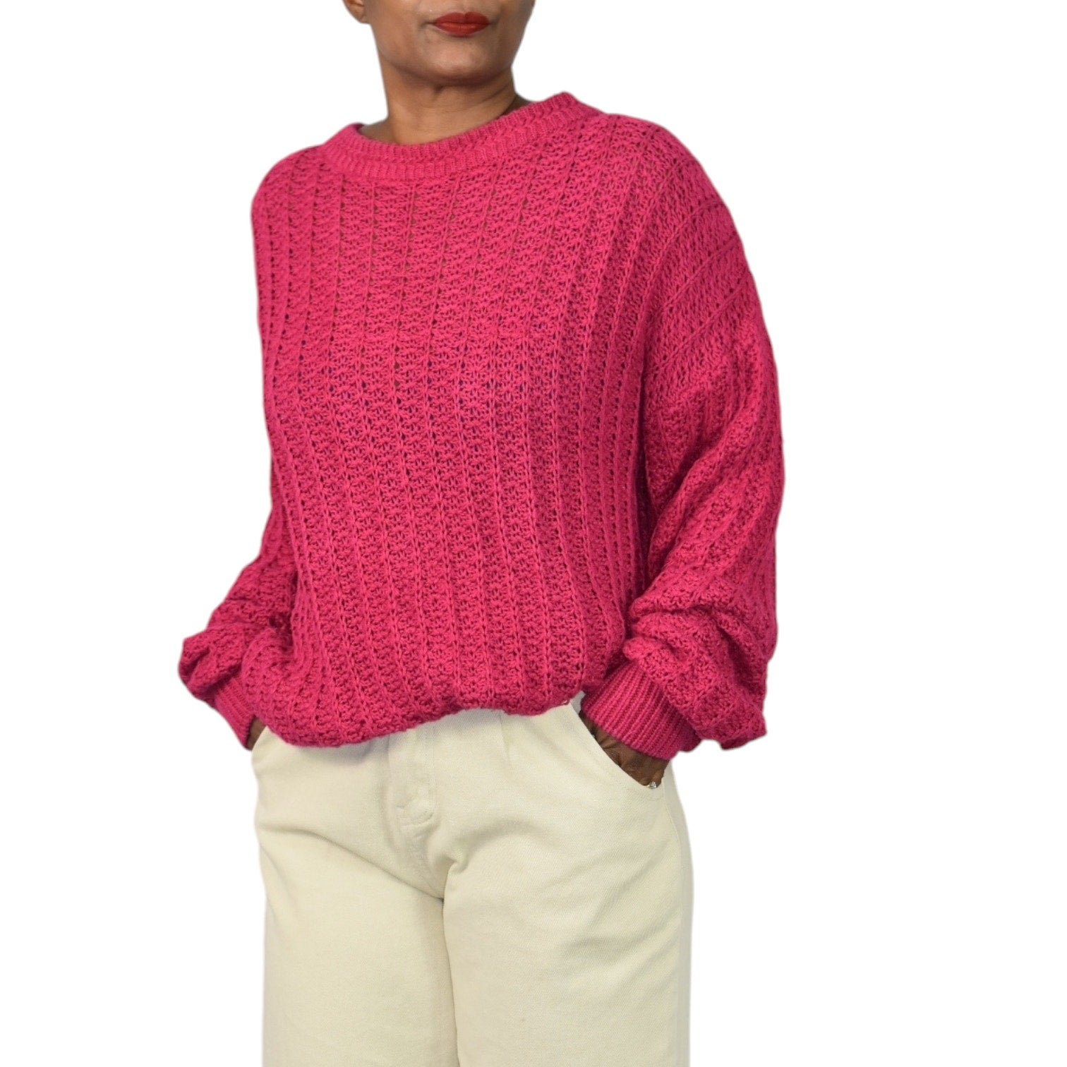 Vintage Cacharel Chunky Sweater Pink Raspberry Pullover Slouchy Cable Knit Crew Size XL