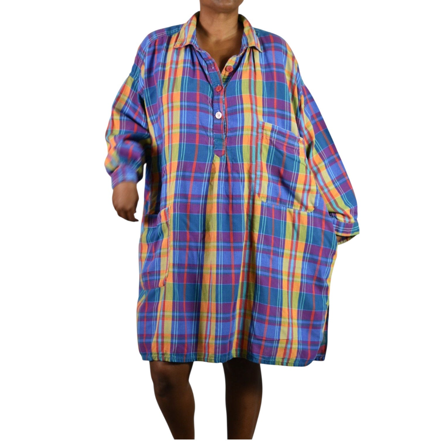 Bloomingdales Lingerie Vintage Nightshirt Blue Plaid Check Bloomies Shirtdress Button Front Dress Pockets Cotton Oversized One Size