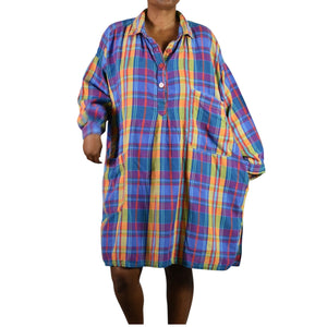 Bloomingdales Lingerie Vintage Nightshirt Blue Plaid Check Bloomies Shirtdress Button Front Dress Pockets Cotton Oversized One Size