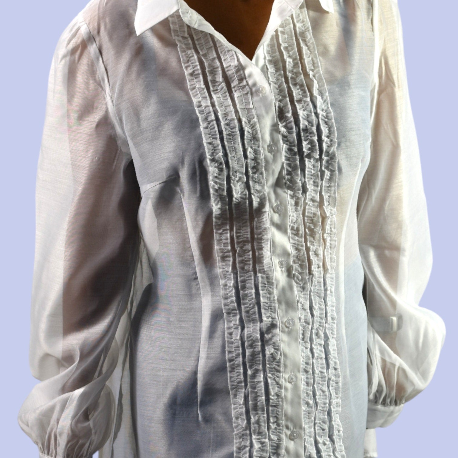 Sugar Thrillz Totally Paused Sheer Top Ruffles Collared Long Button Front Tuxedo Shirt Blouse XXL