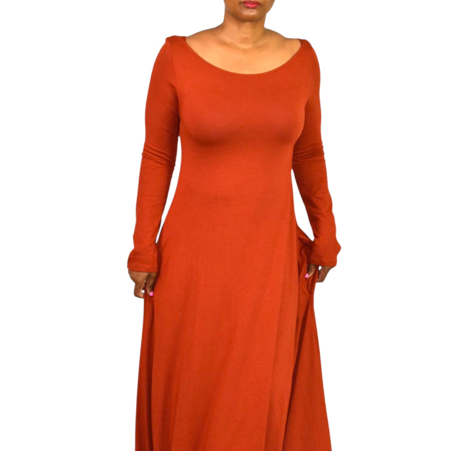 Soft Surroundings Maxi Dress Orange Clay Jersey Long Stretch Fit Flare Boatneck Medium