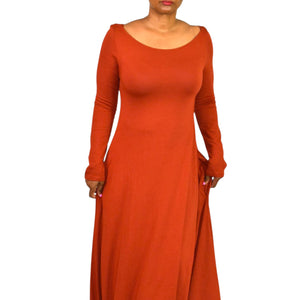 Soft Surroundings Maxi Dress Orange Clay Jersey Long Stretch Fit Flare Boatneck Medium