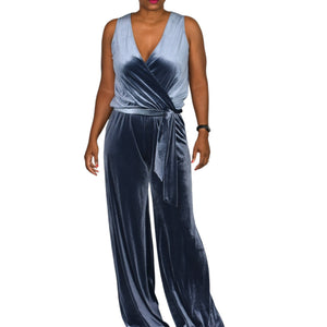 Samantha Dru Kasie Flare Jumpsuit Blue Wrap Front Belt Velour Velvet Wide Leg Pantsuit Size Small