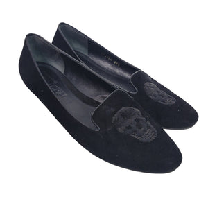 Alexander McQueen Skull Loafers Black Suede Flats Leather Sequin Slip On Semi Pointed Toe 39.5 9.5