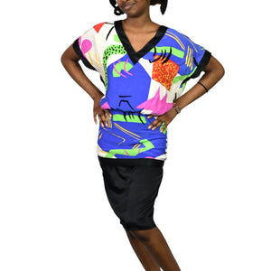 Vintage Flora Kung Silk Dress Blue Abstract 80s Print Colorful Blouson Twofer Pencil Skirt XXS