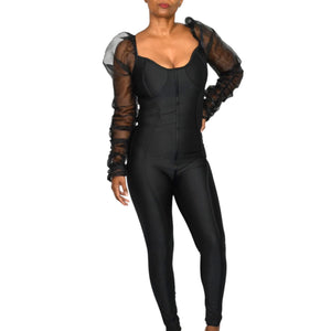 Lips Inc USA Jumpsuit Black Mesh Sheer Chiffon Puff Long Sleeve Bustier Bodysuit Small