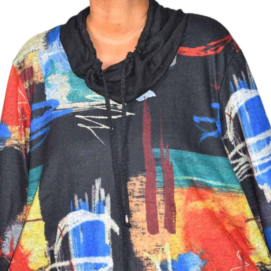 Ali Miles Abstract Art Cowl Neck Tunic Multicolor Black Print Sweater Top Lagenlook Plus 2X