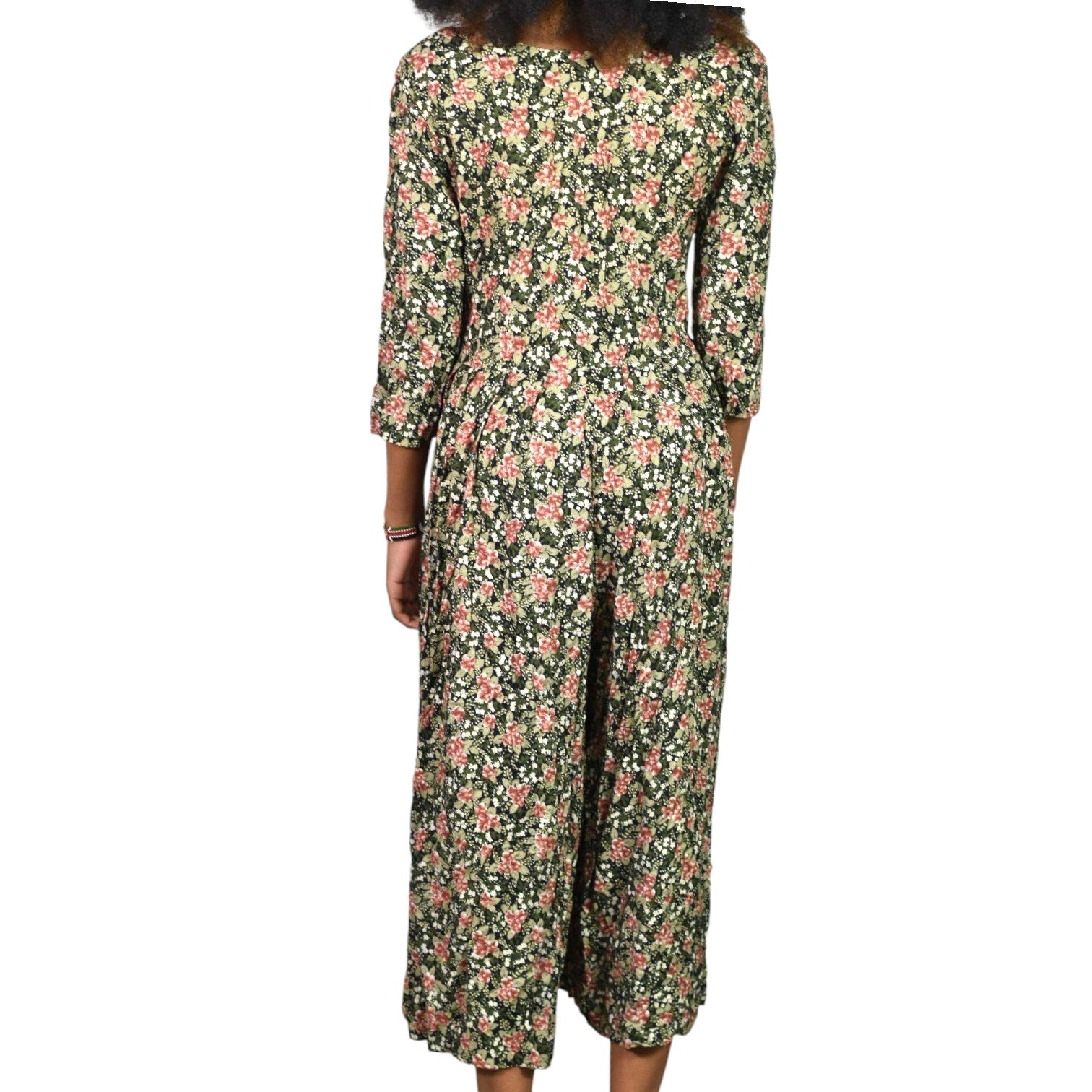 Vintage Rabbit Jr Floral Jumpsuit Black Rayon Wide Leg Ditsy Microprint Calico Earthy XS X Small