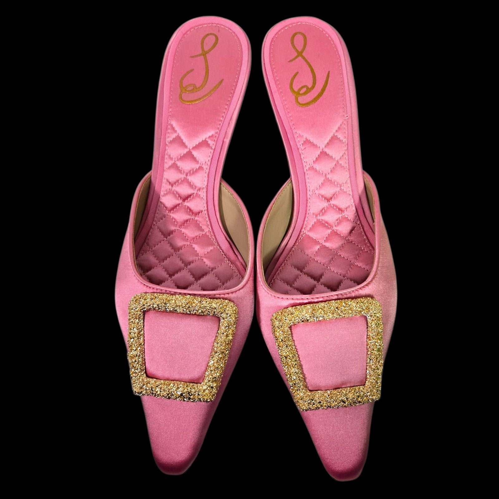 Sam Edelman Brit Satin Mules Pink Almond Toe Embellished Buckle Quilted Sole Kitten Heel 8