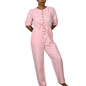 Madewell Cotton Jumpsuit Pink Puff Sleeve Short Sleeve Tie Waist Cuffed Tapered 6