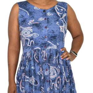 Vintage Jasmine KVM Dress Blue Fish Print Tent Shift Midi Cotton Gauze Airy Open Back Tie Medium