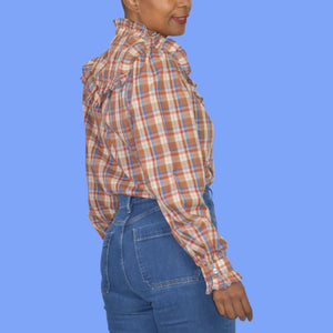 Vintage Plaid Ruffle Blouse Brown Victorian High Neck Shirt Homemade Yoked Small