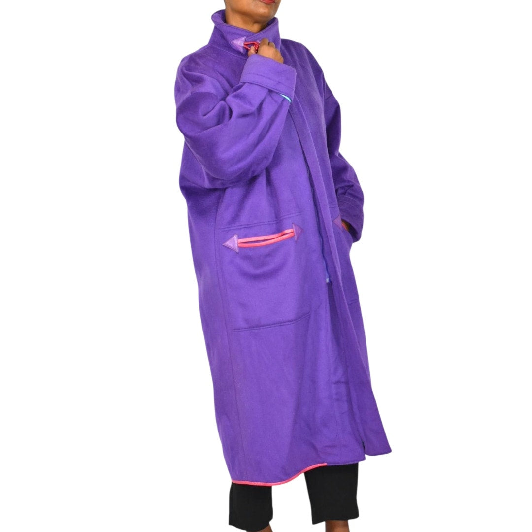 Vintage Purple Maxi Coat 90s Zip Felted Wool Blend Oversized Leather Trim Long Large OSFM