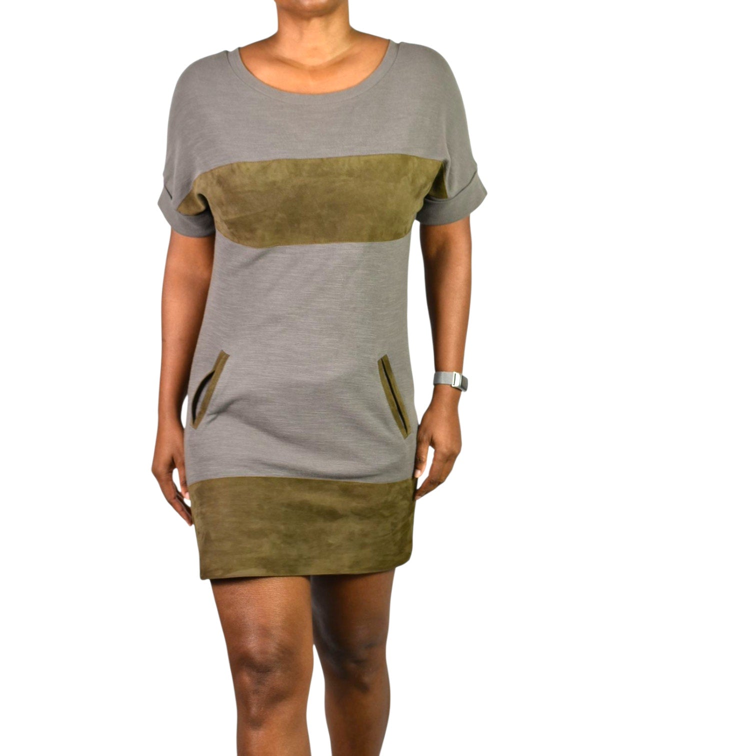 Allsaints Diego Tee Dress Grey Cotton Suede Colorblock Shift Knit Mini Pockets Minimalist XS