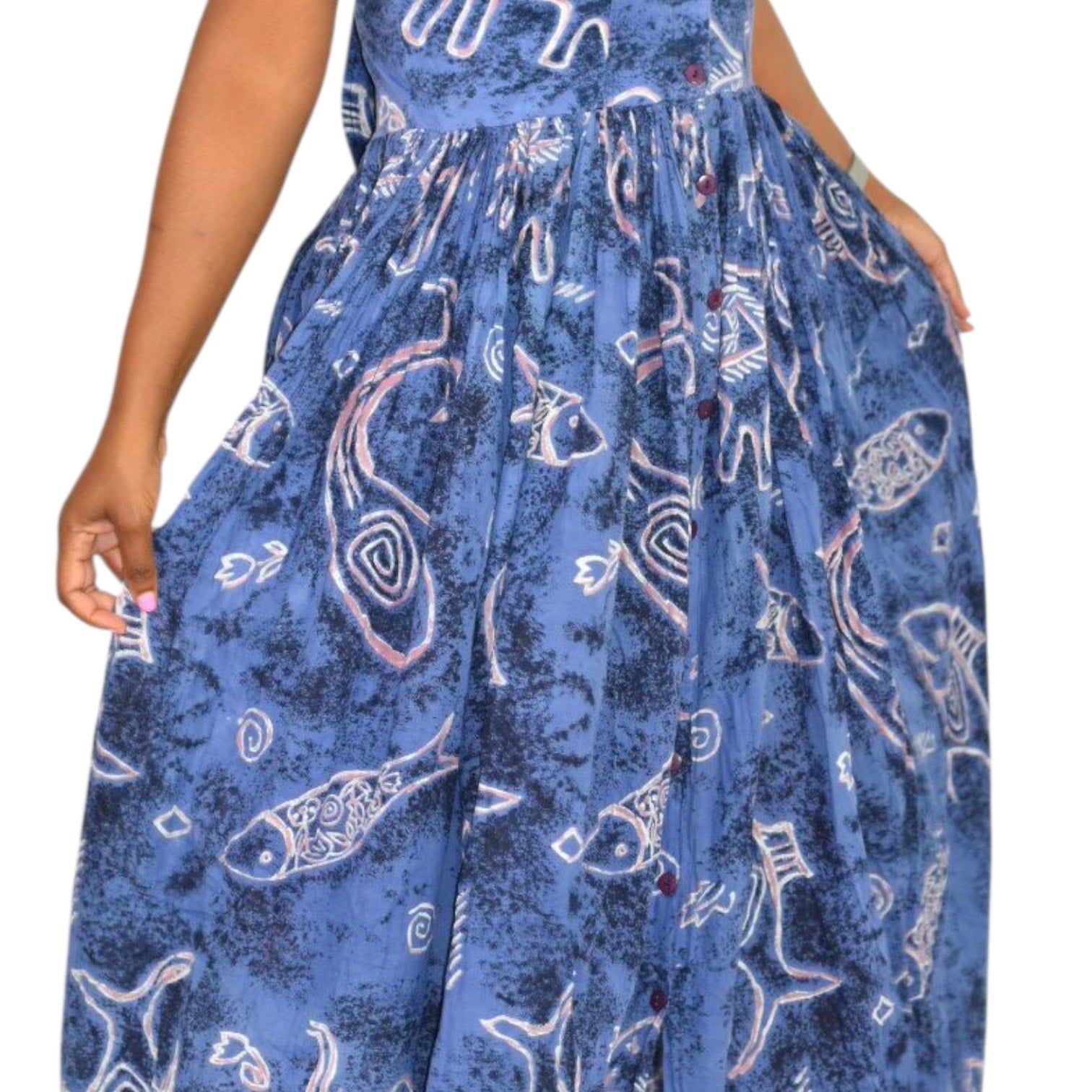 Vintage Jasmine KVM Dress Blue Fish Print Tent Shift Midi Cotton Gauze Airy Open Back Tie Medium
