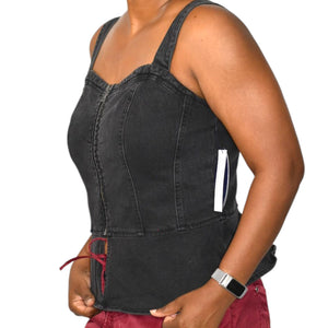 Scoop NYC Denim Bustier Black Corset Tank Top Zip Front Stretch Sweetheart Front Slit Medium
