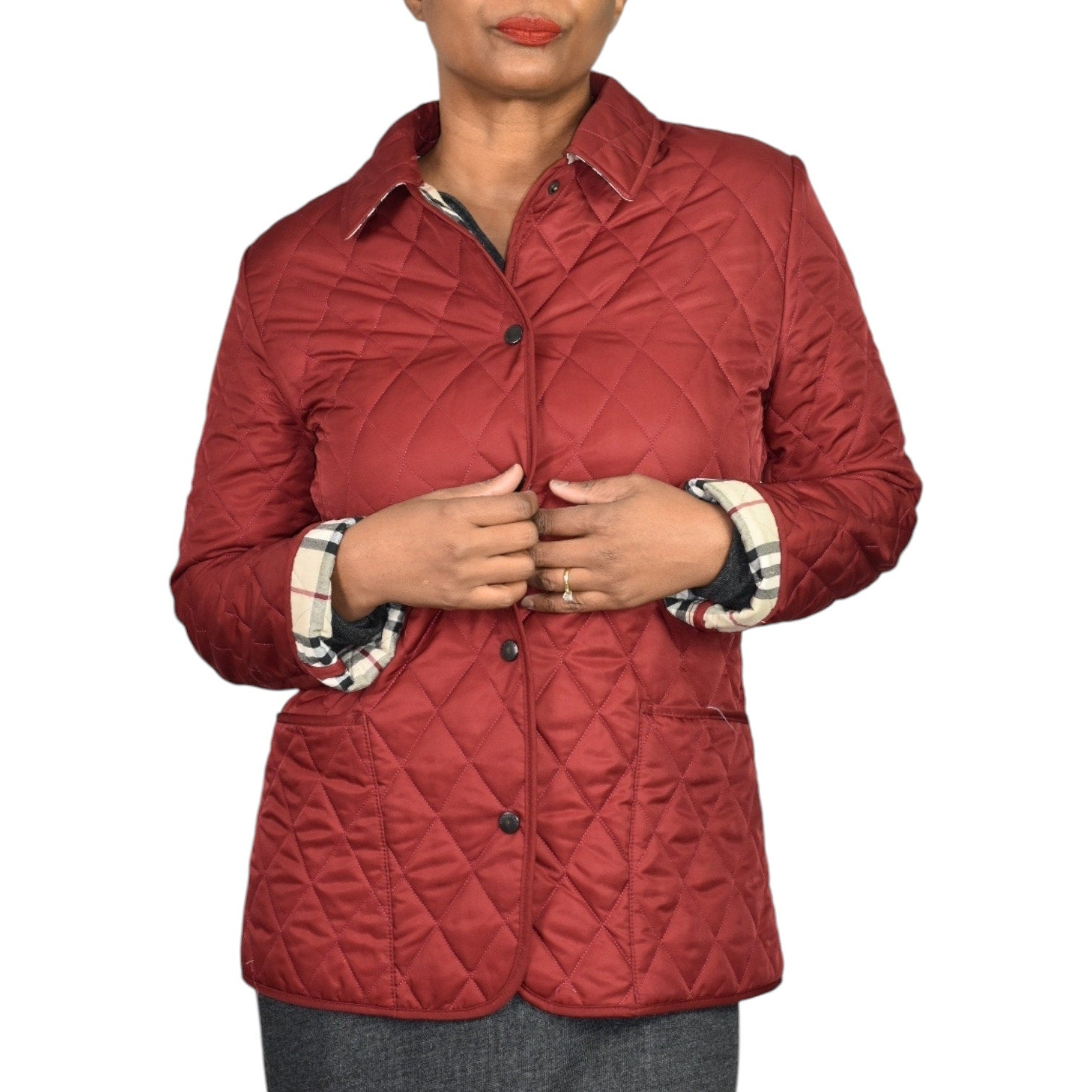 Burberry Quilted Jacket Red Nova Check Lightweight Slim Fitted Hip Length Shell Barn Chore XS