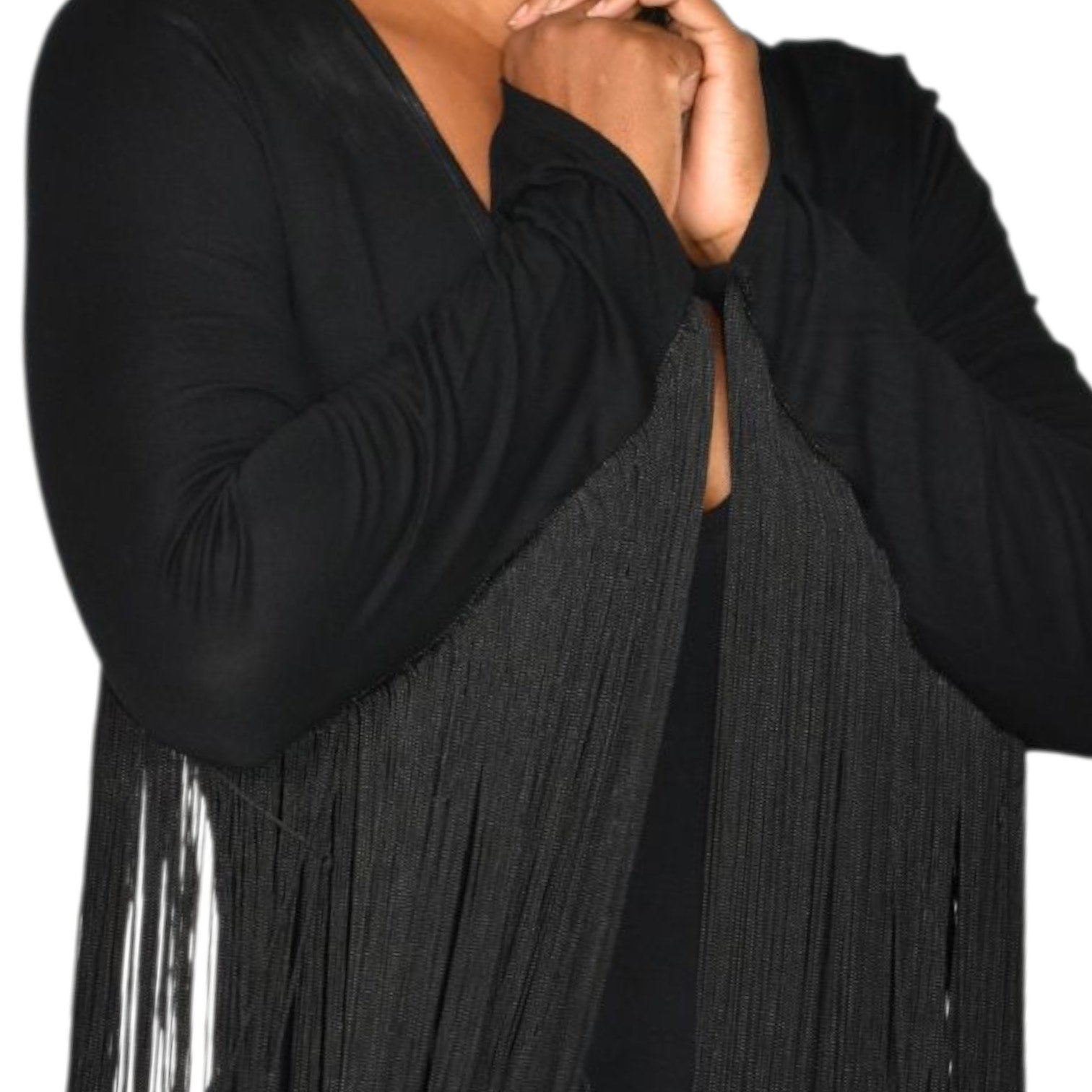 ASOS Fringe Bodysuit Black Plunge V Neck Long Sleeve Top Stretch Statement Blouse 6