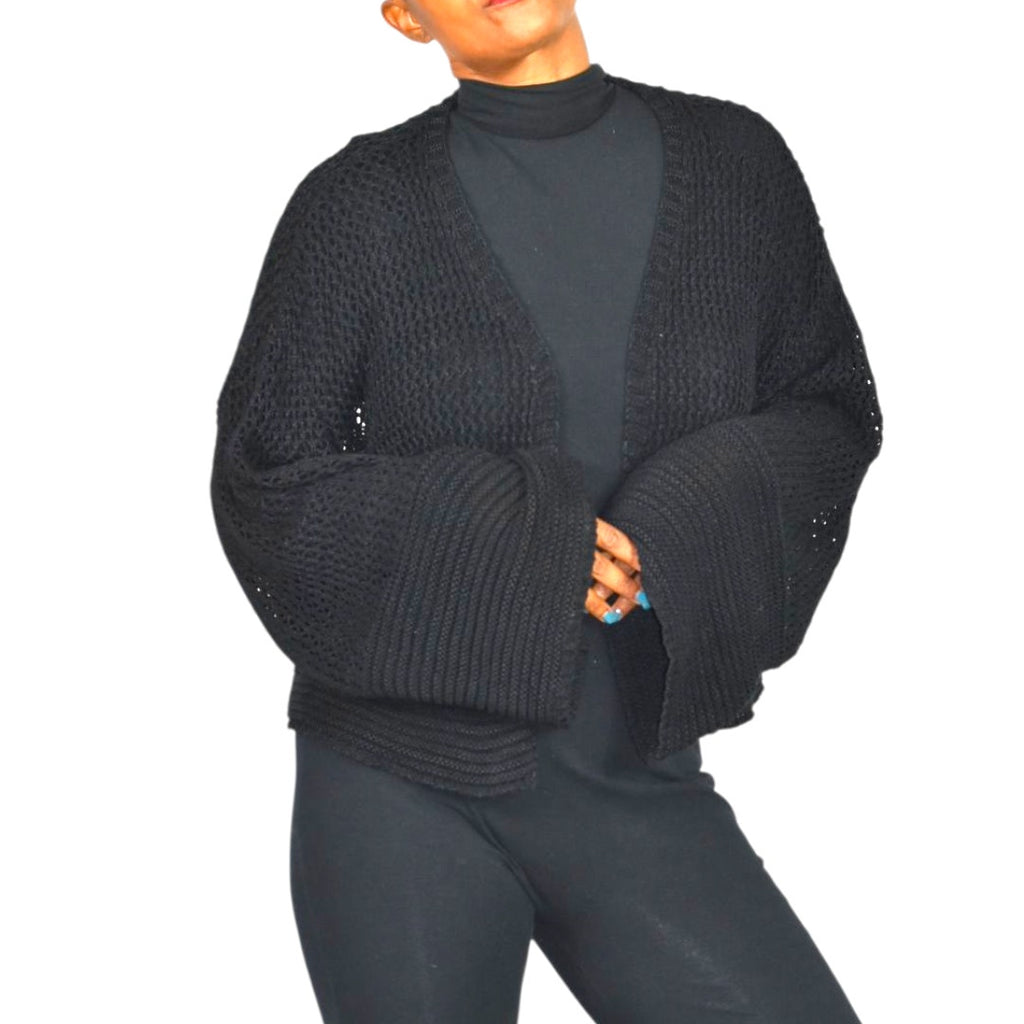Anthropologie Open Weave Knit Cardigan Black Bell Sleeve Shrug Shawl Sweater One Size