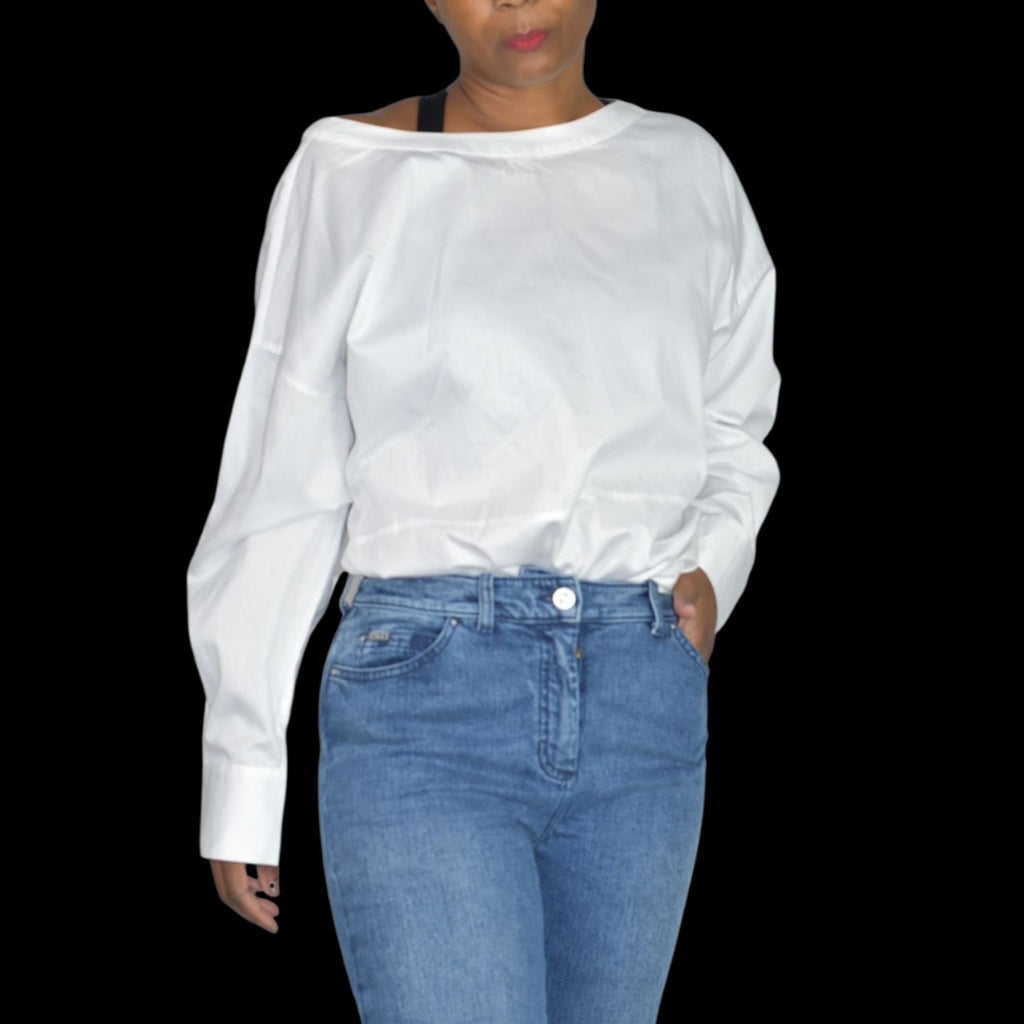 Harshman Anthropologie Cotton Blouse White Shirt Tie Button Back Oversized Backwards Small