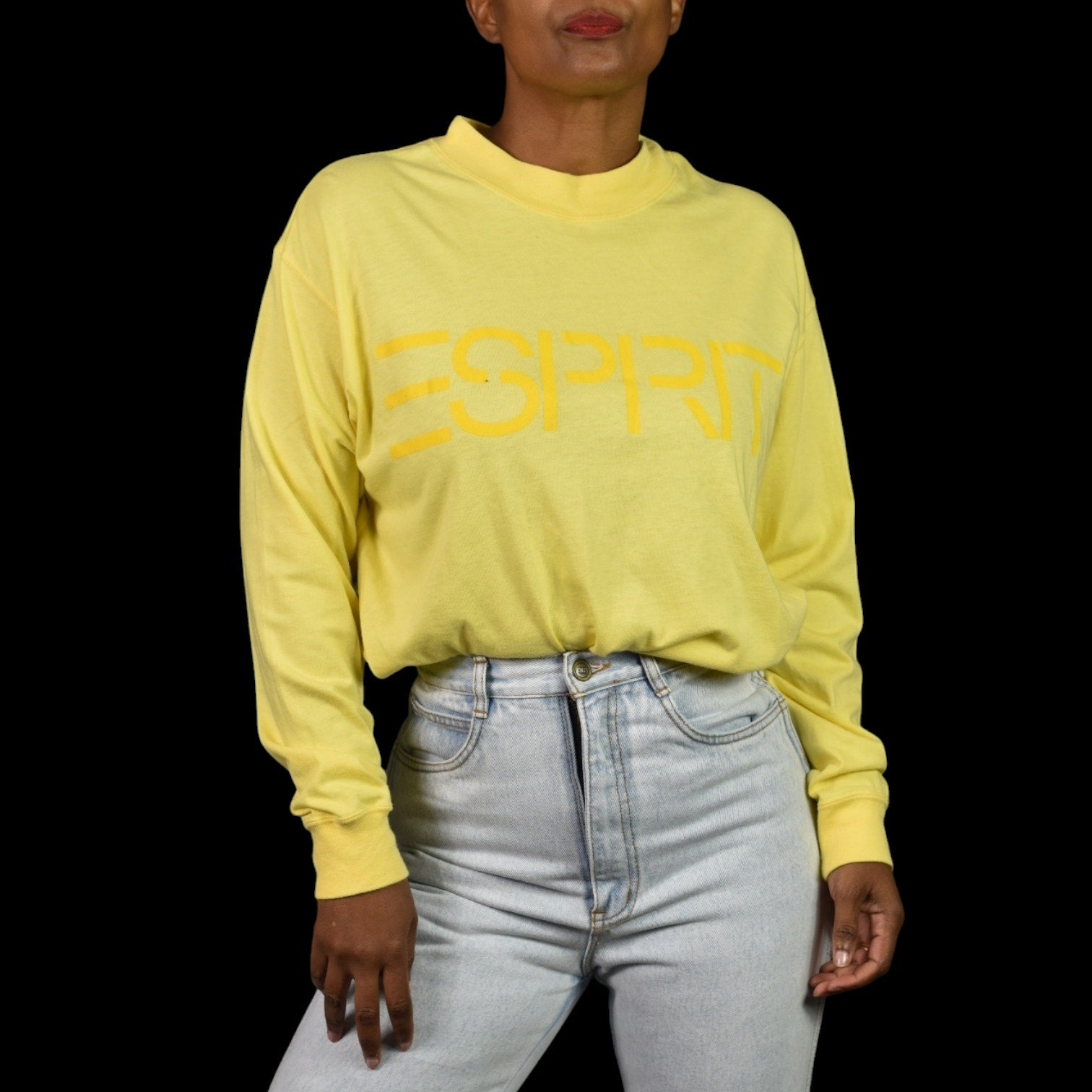 Vintage Esprit Long Sleeve Shirt Yellow Logo Pullover Cotton Retro Pastel Medium