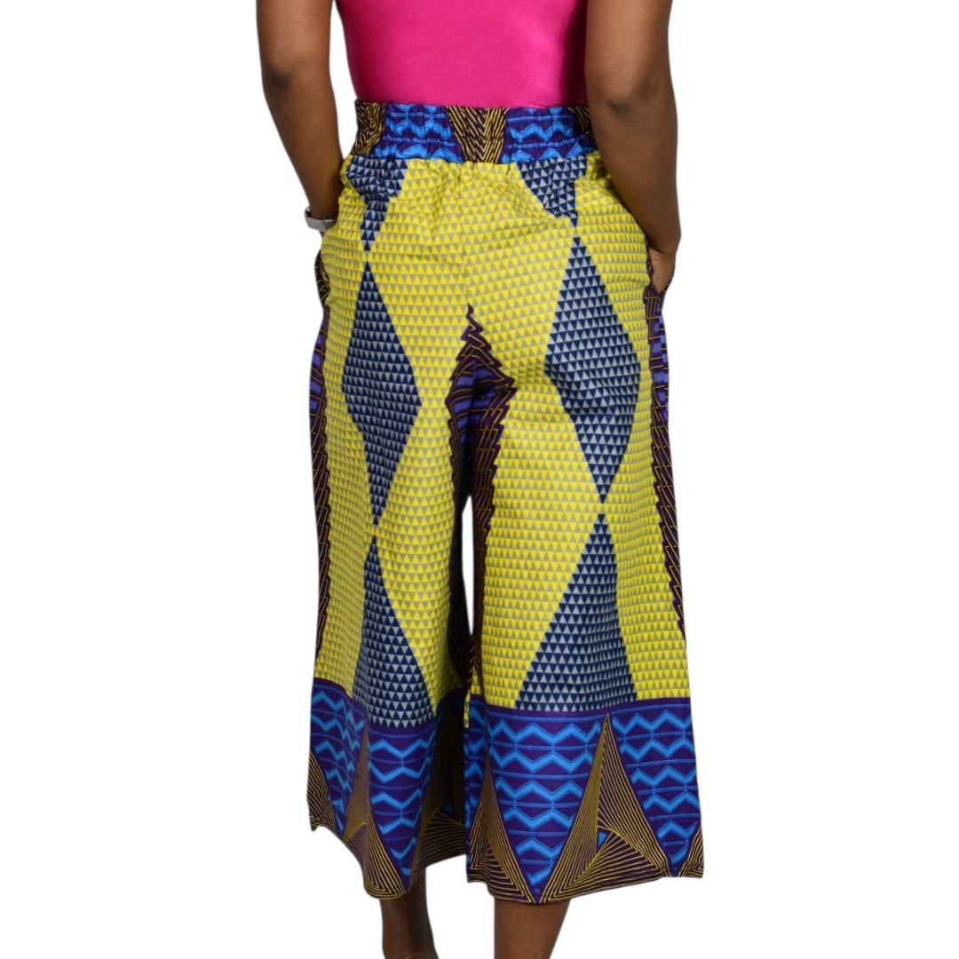 Grass Fields Ankara Wide Leg Crop Pants Yellow Culottes Gaucho African Print Small Medium