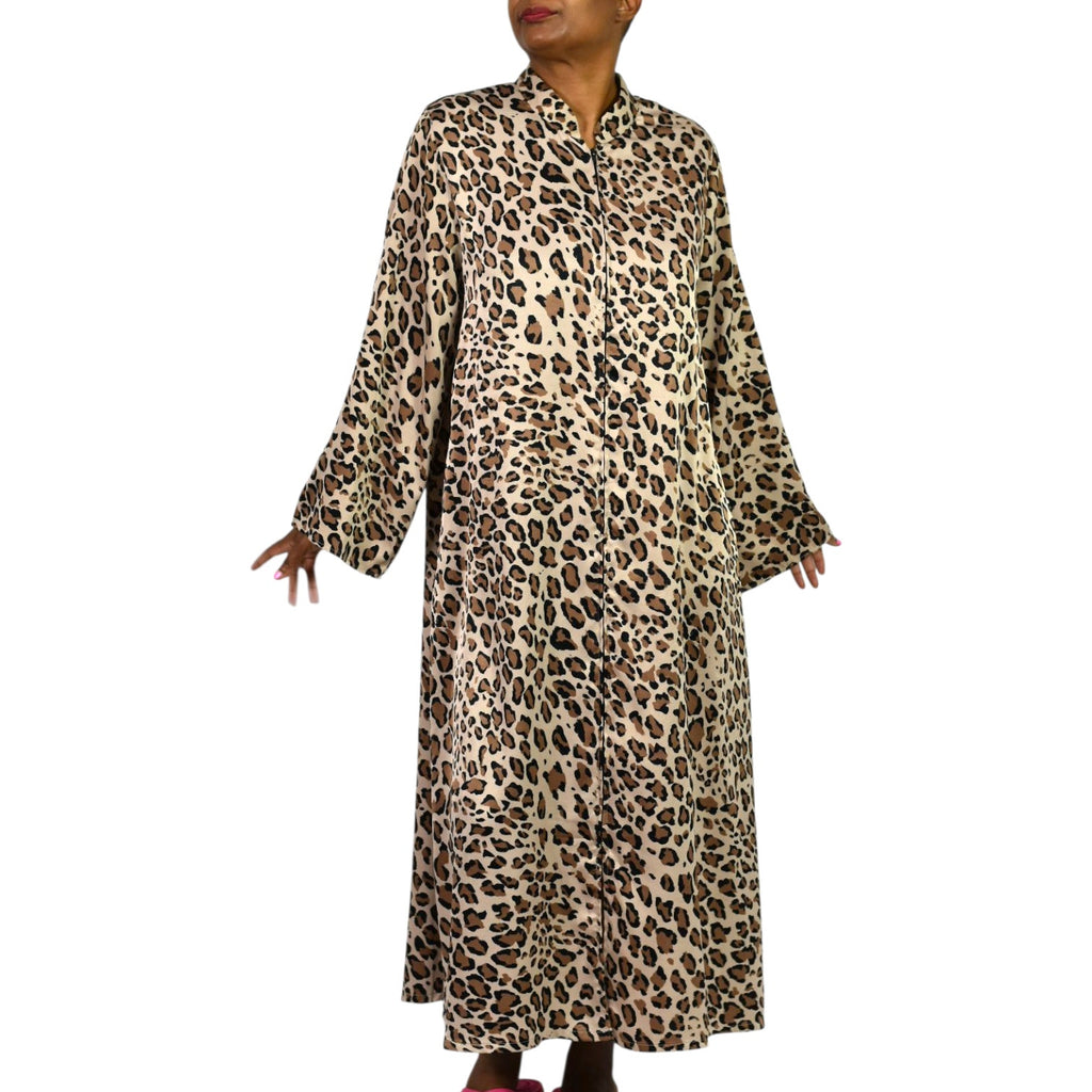Natori Leopard Print Caftan Robe Tan Housecoat Maxi Animal Print Zip Front Silky Satin Pockets Medium