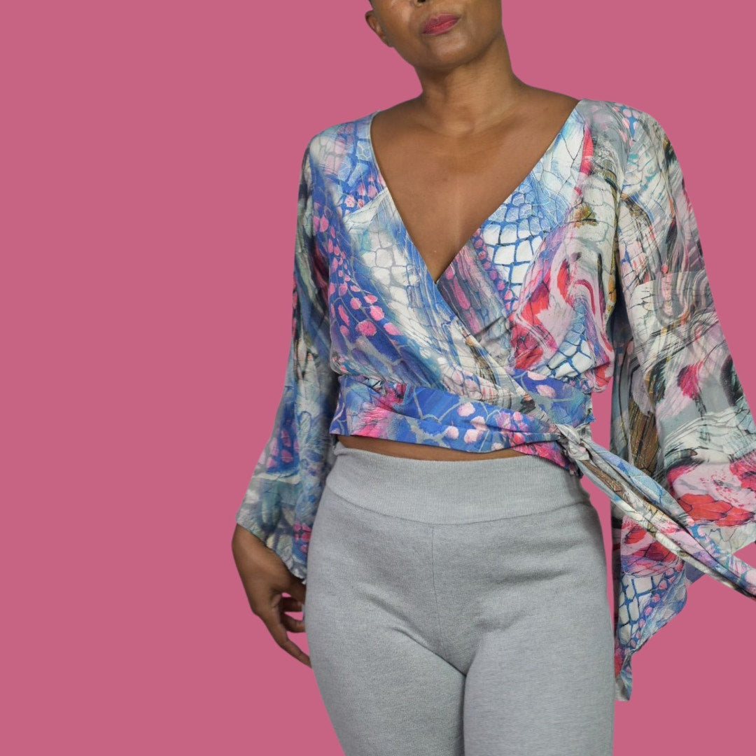 Leifsdottir Serpent Charmer Silk Blouse Top Blue Wrap Watercolor Print Kimono Sleeve Anthropologie 6