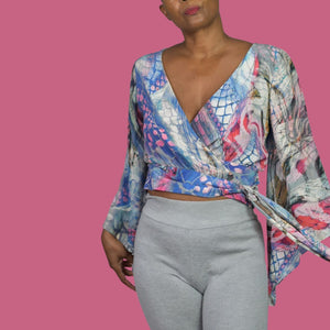 Leifsdottir Serpent Charmer Silk Blouse Top Blue Wrap Watercolor Print Kimono Sleeve Anthropologie 6