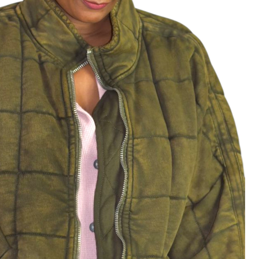 Free People Dolman Quilted Knit Jacket Green Olive Bomber Oversized Cotton Coat XS