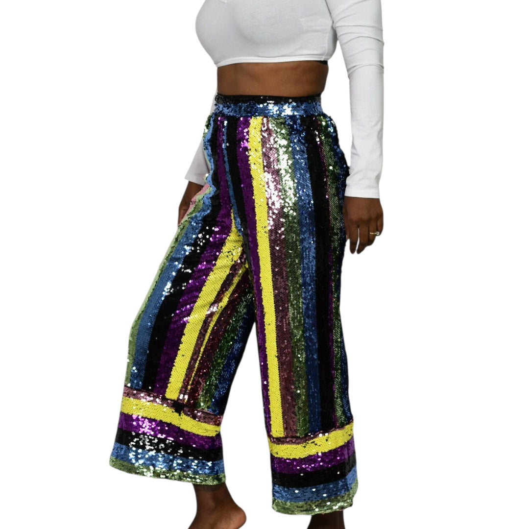 Fashion Nova Sequin Pants Rainbow Stripe Multicolor Cropped Wide Leg Colorblock Small