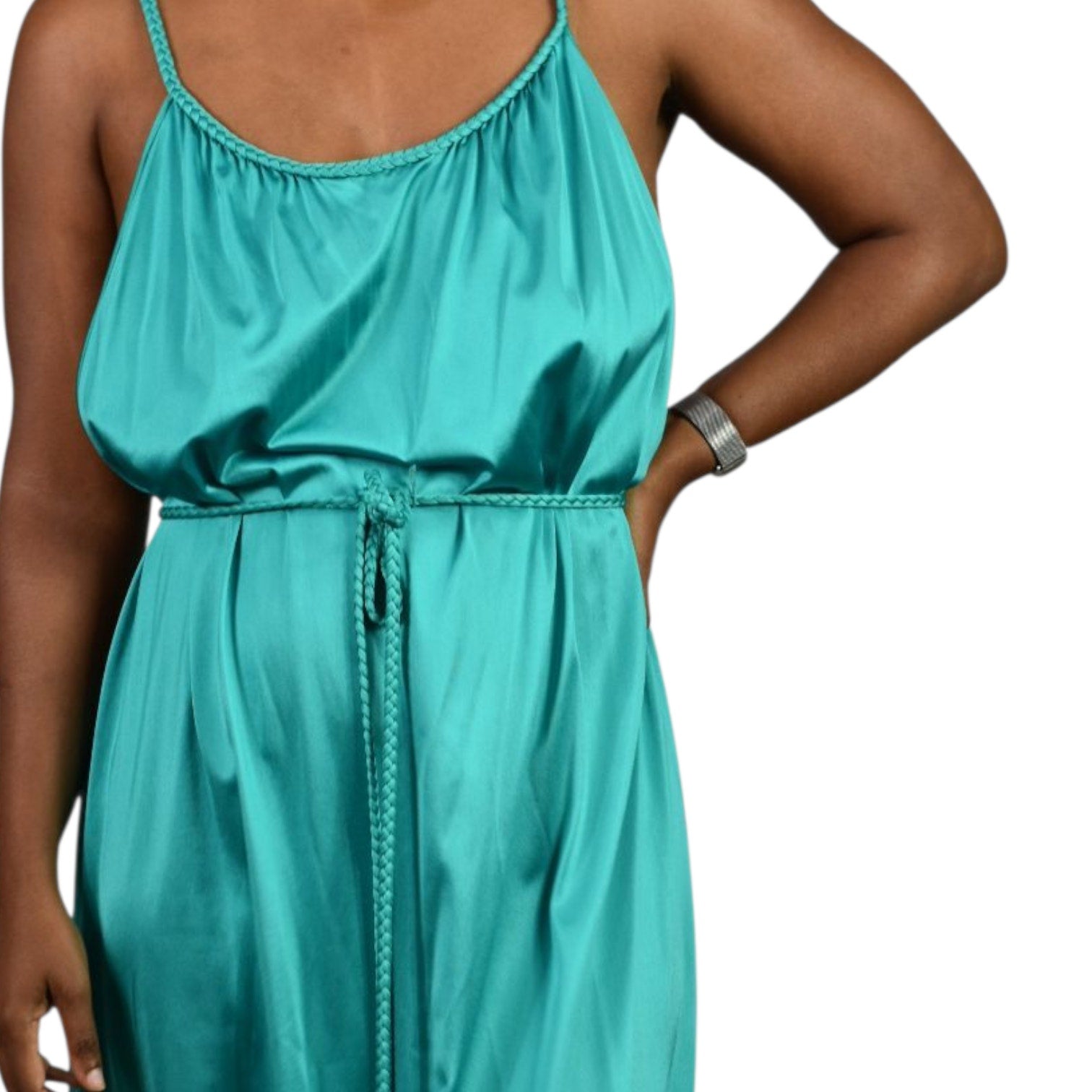 Vintage JC Penney Grecian Style Gown Green Teal Nylon Nightgown Goddess Long Maxi Silky Shiny Lingerie 70s 80s Large