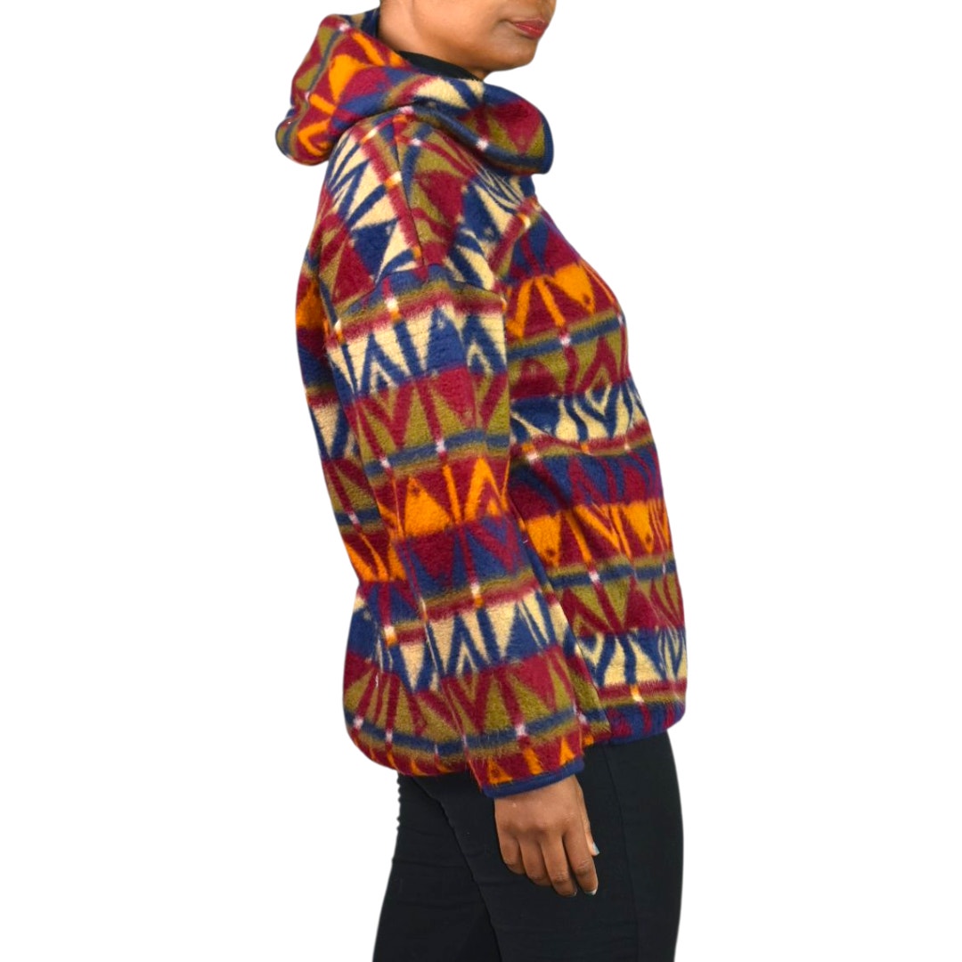 Vintage Jordache Concepts Fleece Jacket Ski Pullover Aztec Geometric Hooded 90s Medium