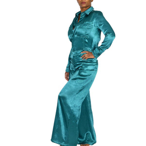 Free People Night Like This One Satin Jumpsuit Green Emerald Jewel Tone Silky Flare Wide Leg Cutout Utility XS