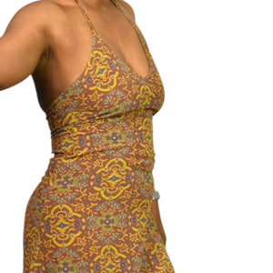 Vintage Gap Halter Dress Brown Mandala 90s Grunge Long Maxi Rayon Block Print Small
