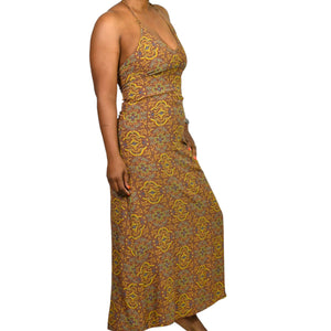 Vintage Gap Halter Dress Brown Mandala 90s Grunge Long Maxi Rayon Block Print Small