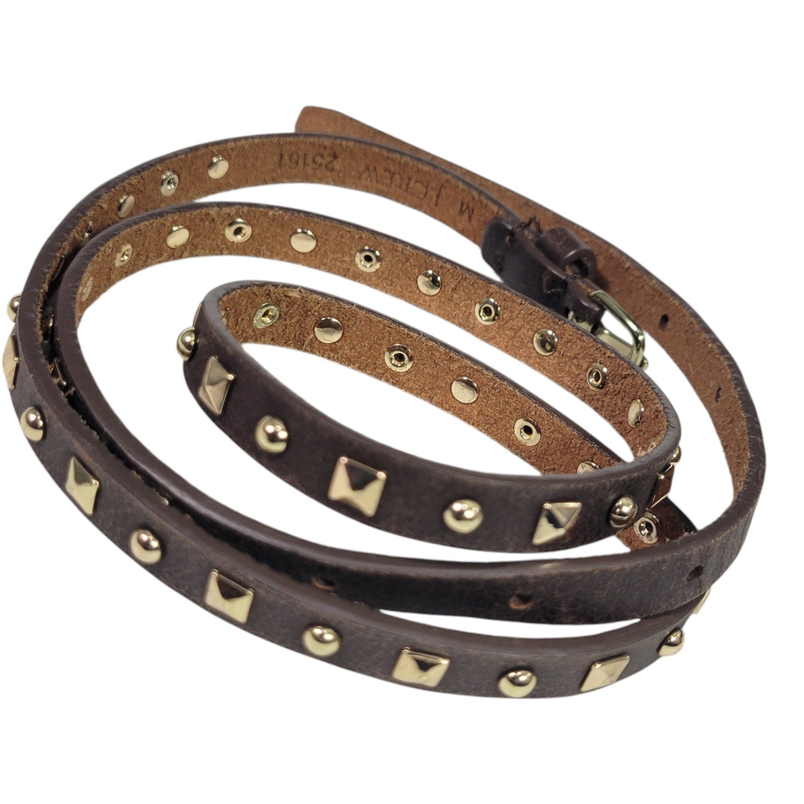 J Crew Studded Skinny Belt Dark Brown Leather Gold Studs Adjustable Classic Medium