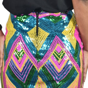Fashion Nova Exotic Feels Sequin Skirt Pink Multicolor Pencil Geometric Colorblock Midi Stretch Size XS