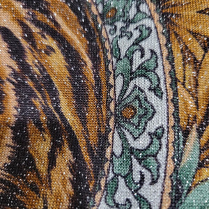 Vintage Lion Portrait Shirt Brown Baroque Jungle Top Shimmer 90s Y2k Metallic Sheer Knit Size Small