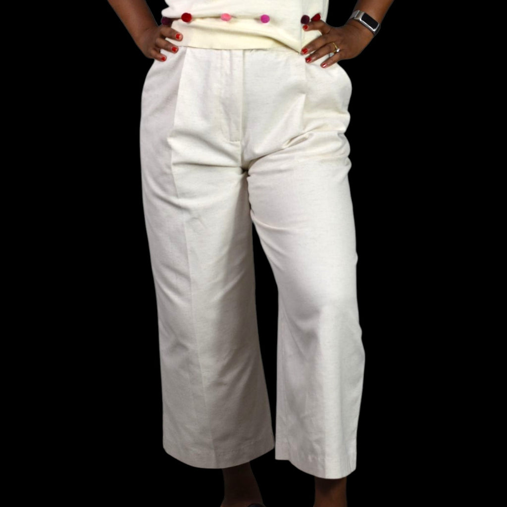 Zara Wide Leg Cropped Pants Beige Linen Trouser Pleat Front High Waist Cotton Small