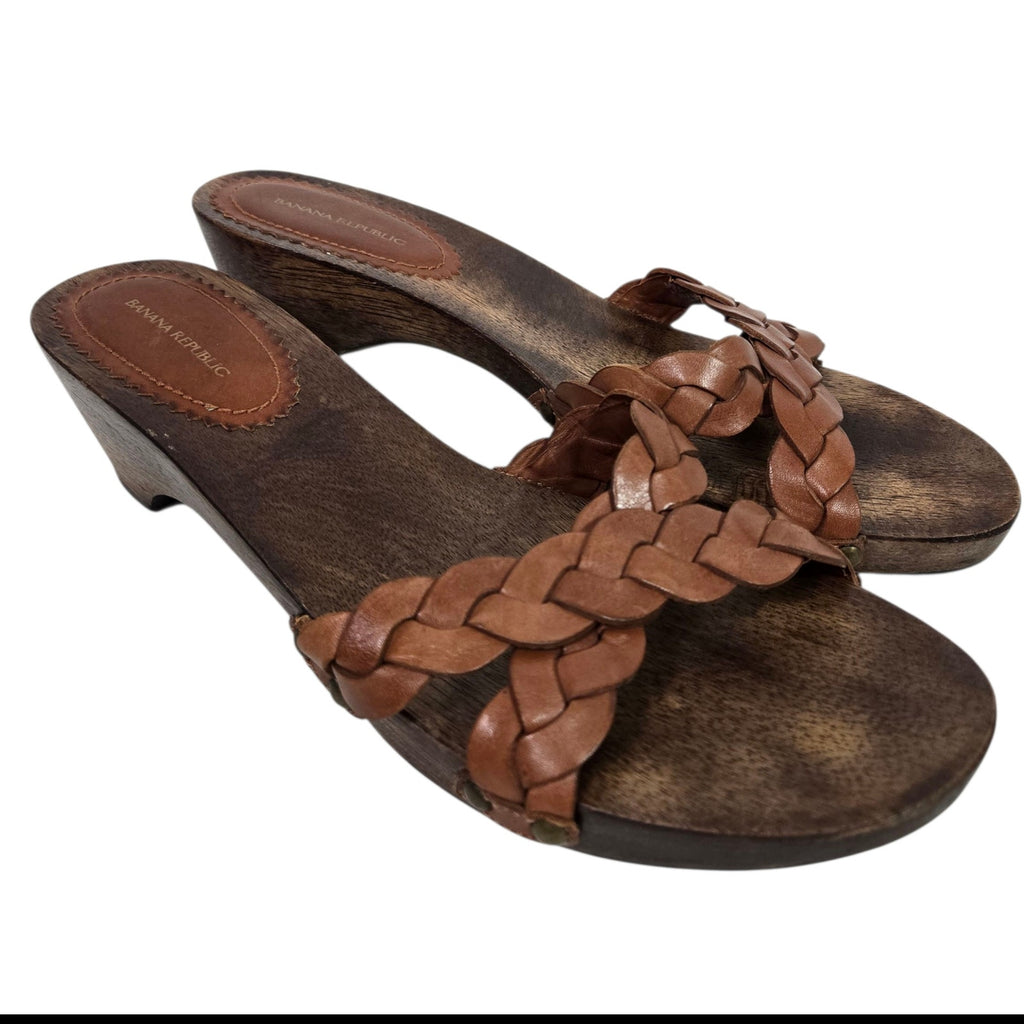 Vintage Wooden Heels Sandals Brown Banana Republic Y2K Retro Braided Woven Leather Mules 8.5