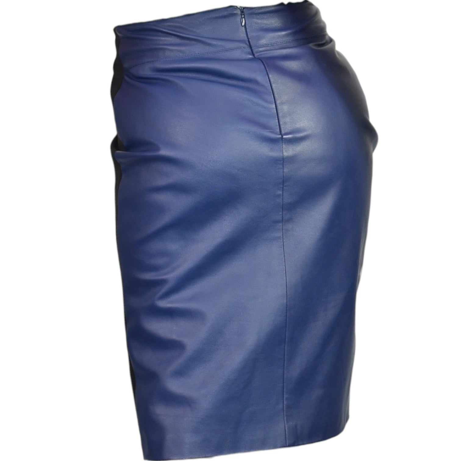 Raoul Two Tone Skirt Blue Leather Black Crepe Pencil High Waist Pleated Slit Small